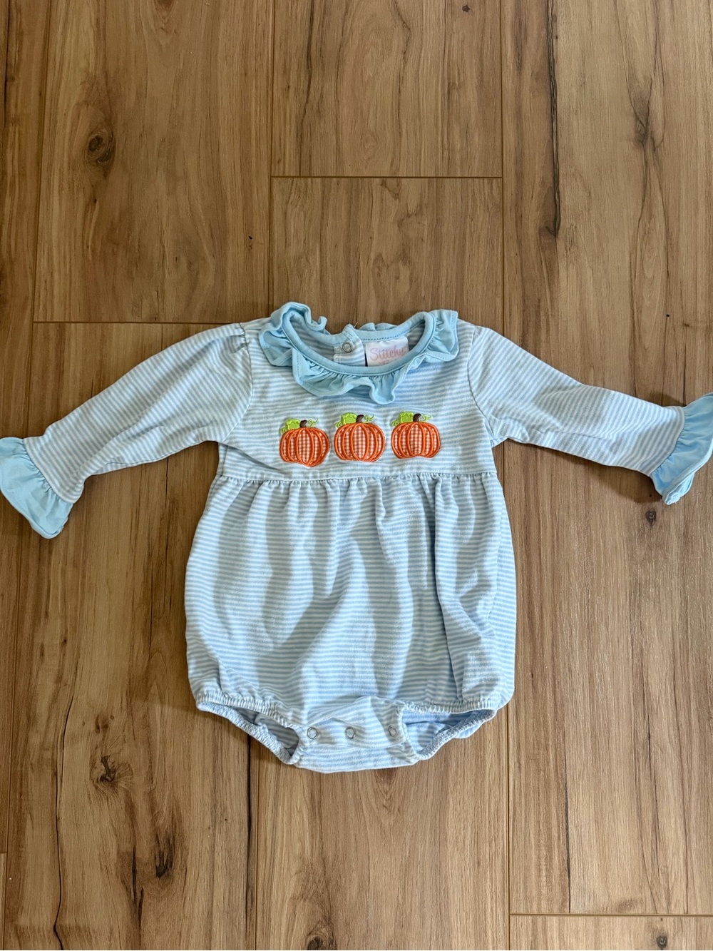 Stitchy Fish Blue Stripe Halloween Pumpkin Embroidered Bubble Romper Size 6-9 mo